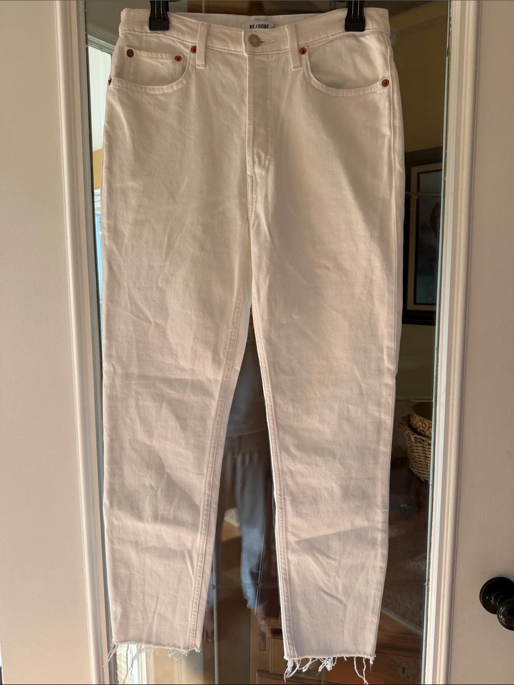 RE/done white denim jeans 90s high rise ankle crop button fly jeans - size 28